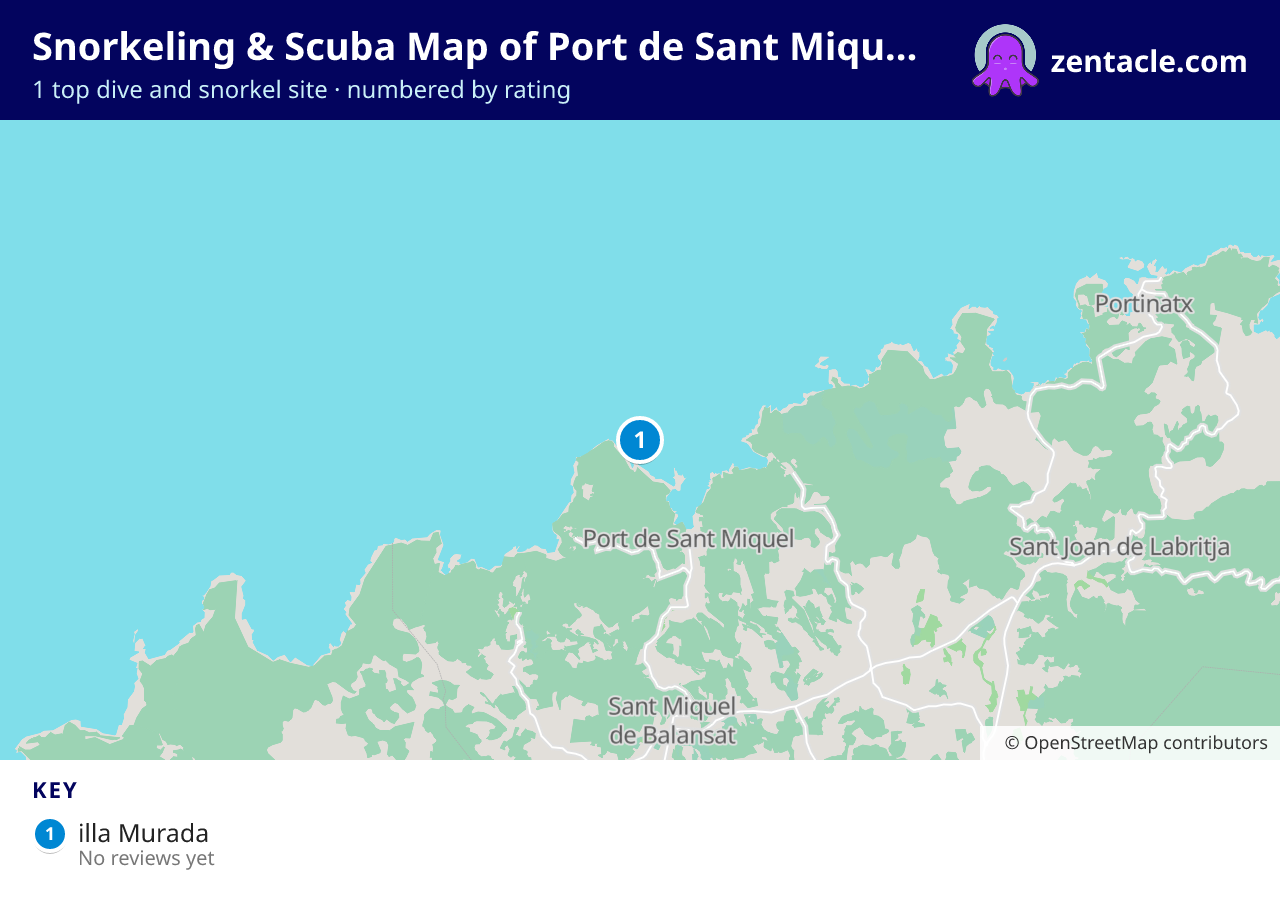 Snorkeling & Scuba Map of Port de Sant Miquel: numbered map of the top 1 dive and snorkel sites, with ratings