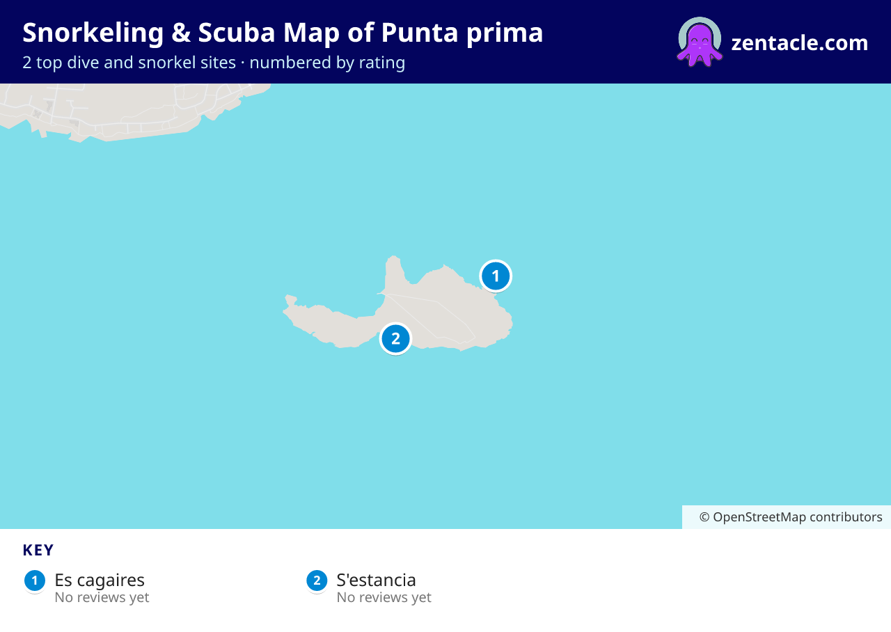 Snorkeling & Scuba Map of Punta prima: numbered map of the top 2 dive and snorkel sites, with ratings