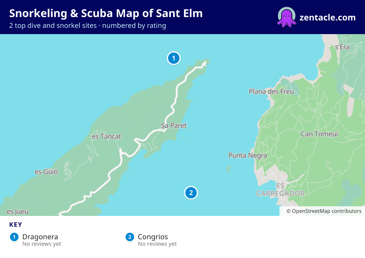 Snorkeling & Scuba Map of Sant Elm: numbered map of the top 2 dive and snorkel sites, with ratings