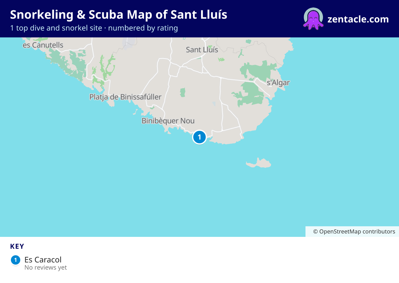 Snorkeling & Scuba Map of Sant Lluís: numbered map of the top 1 dive and snorkel sites, with ratings