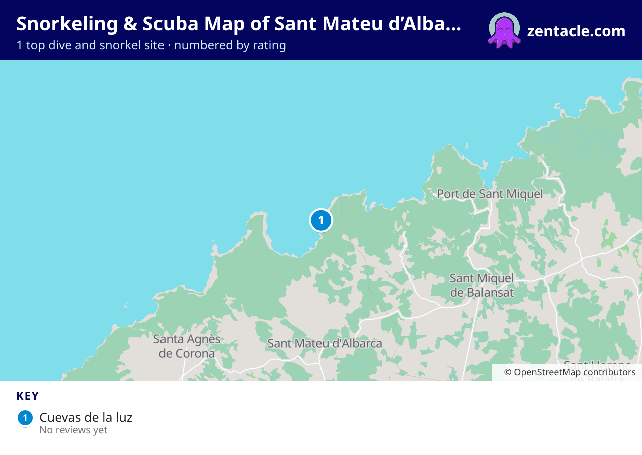 Snorkeling & Scuba Map of Sant Mateu d’Albarca: numbered map of the top 1 dive and snorkel sites, with ratings