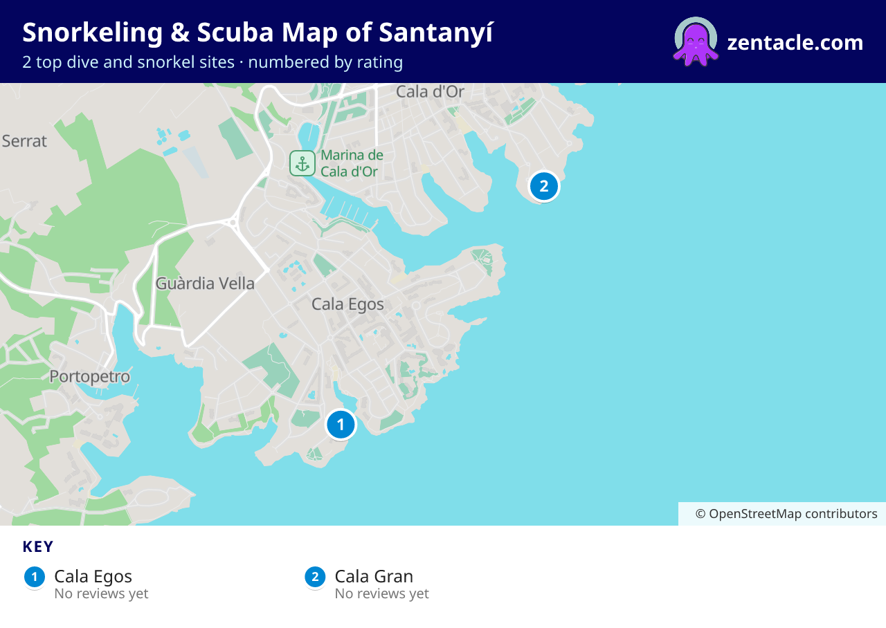 Snorkeling & Scuba Map of Santanyí: numbered map of the top 2 dive and snorkel sites, with ratings
