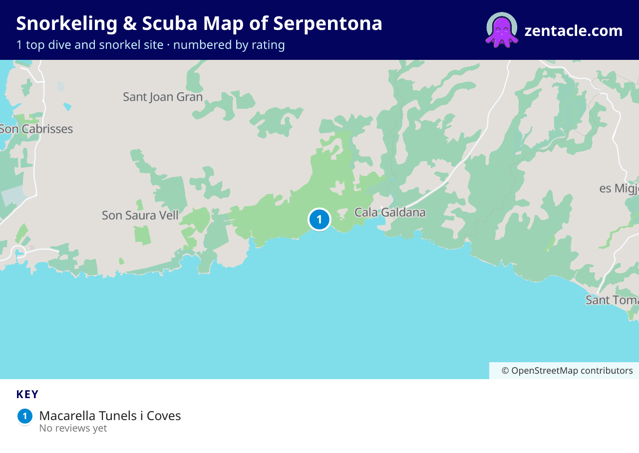 Snorkeling & Scuba Map of Serpentona: numbered map of the top 1 dive and snorkel sites, with ratings