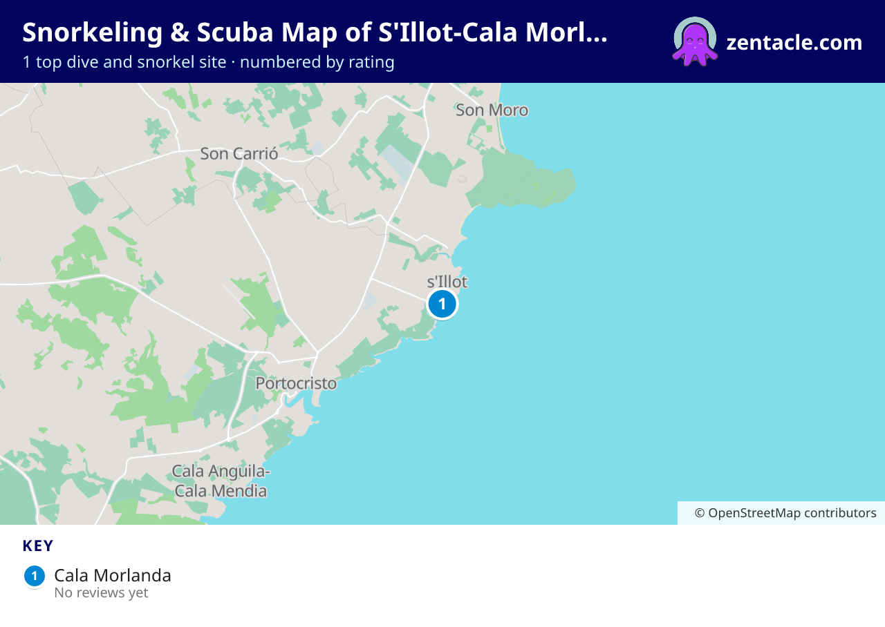 Snorkeling & Scuba Map of S'Illot-Cala Morlanda: numbered map of the top 1 dive and snorkel sites, with ratings