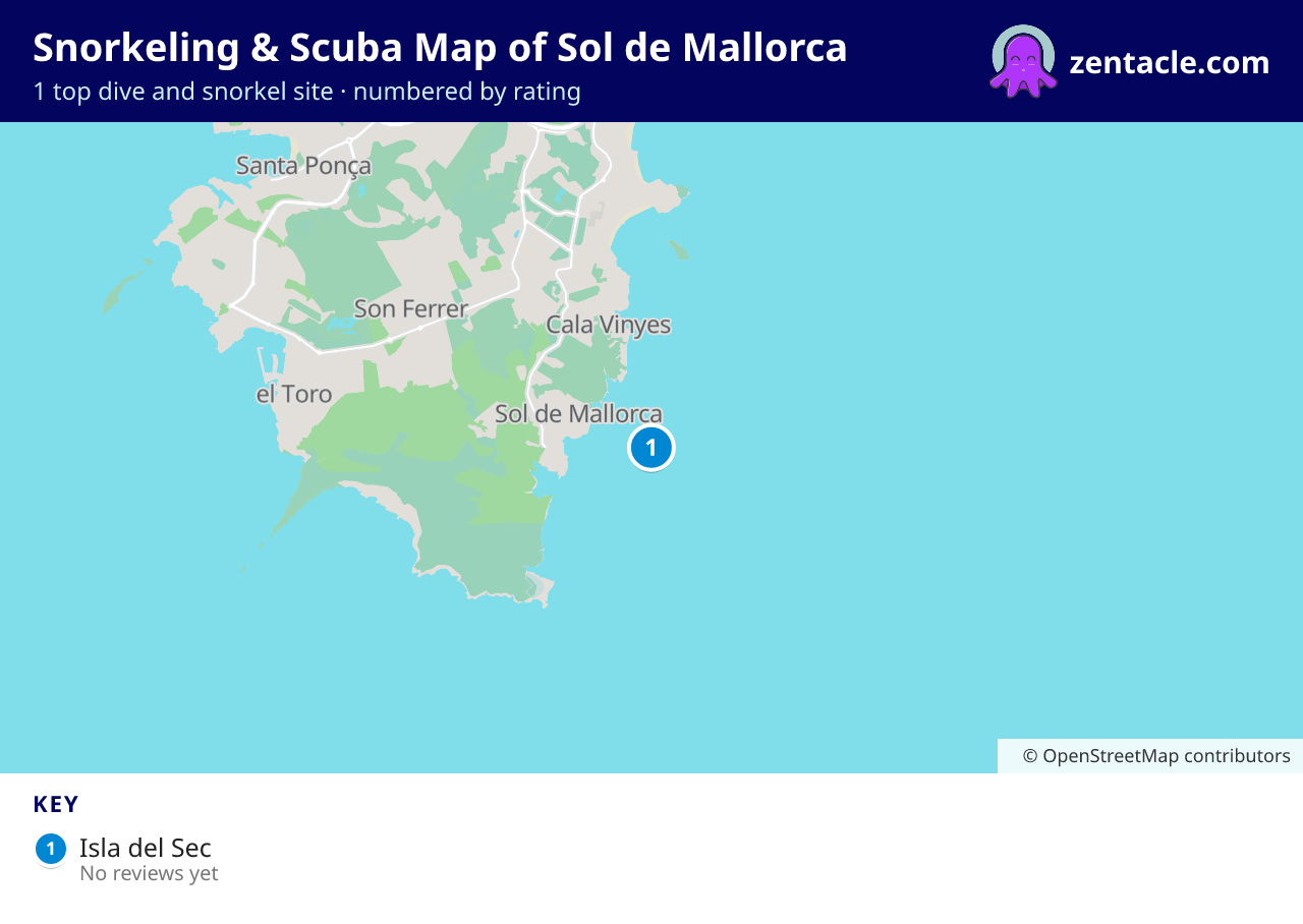 Snorkeling & Scuba Map of Sol de Mallorca: numbered map of the top 1 dive and snorkel sites, with ratings
