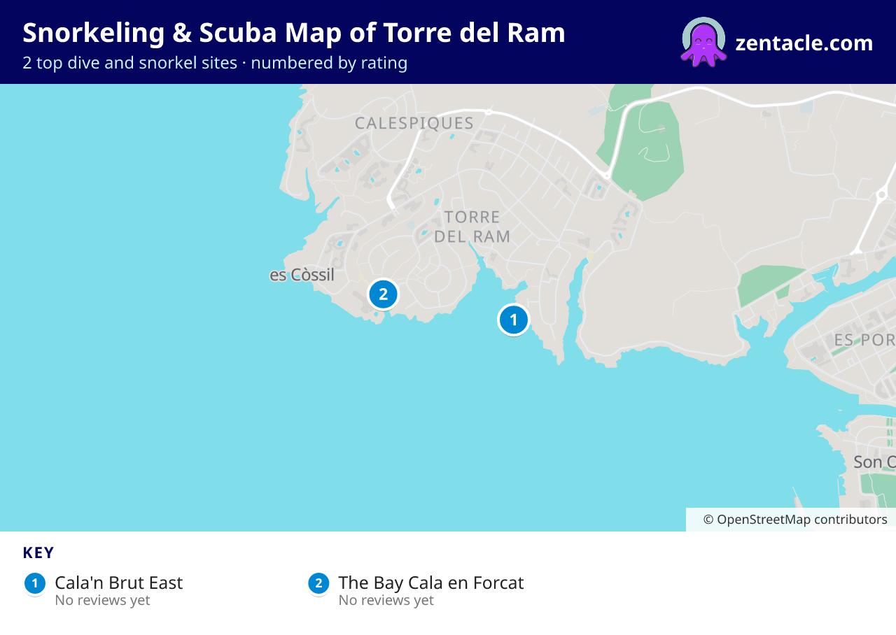 Snorkeling & Scuba Map of Torre del Ram: numbered map of the top 2 dive and snorkel sites, with ratings