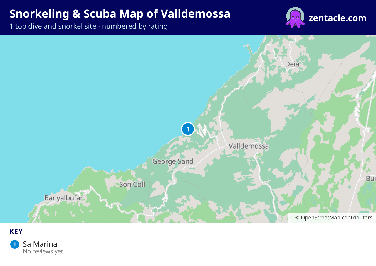 Snorkeling & Scuba Map of Valldemossa: numbered map of the top 1 dive and snorkel sites, with ratings