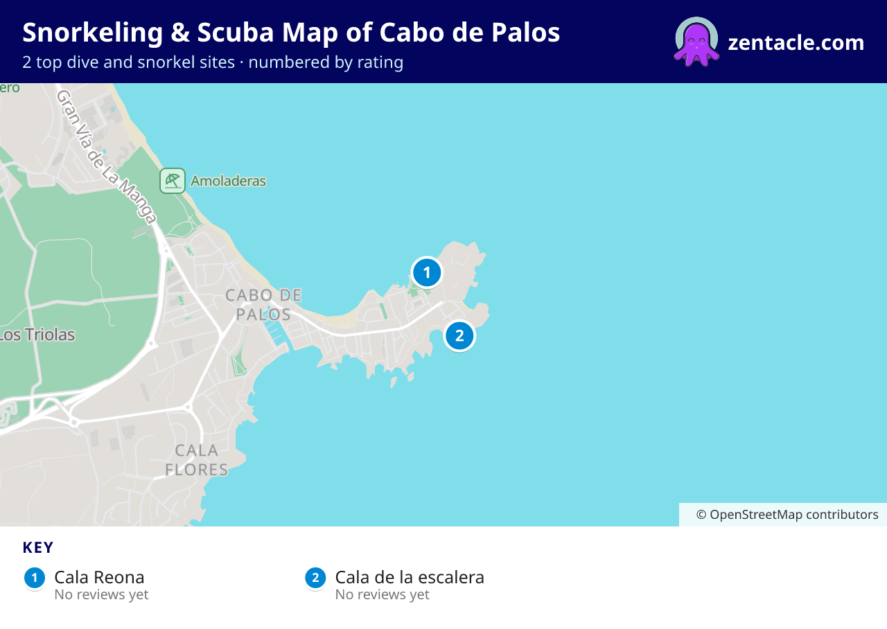 Snorkeling & Scuba Map of Cabo de Palos: numbered map of the top 2 dive and snorkel sites, with ratings