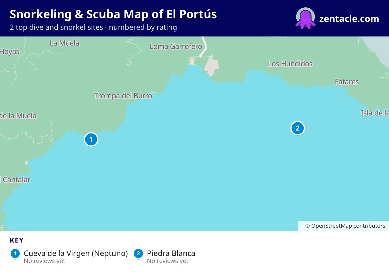 Snorkeling & Scuba Map of El Portús: numbered map of the top 2 dive and snorkel sites, with ratings