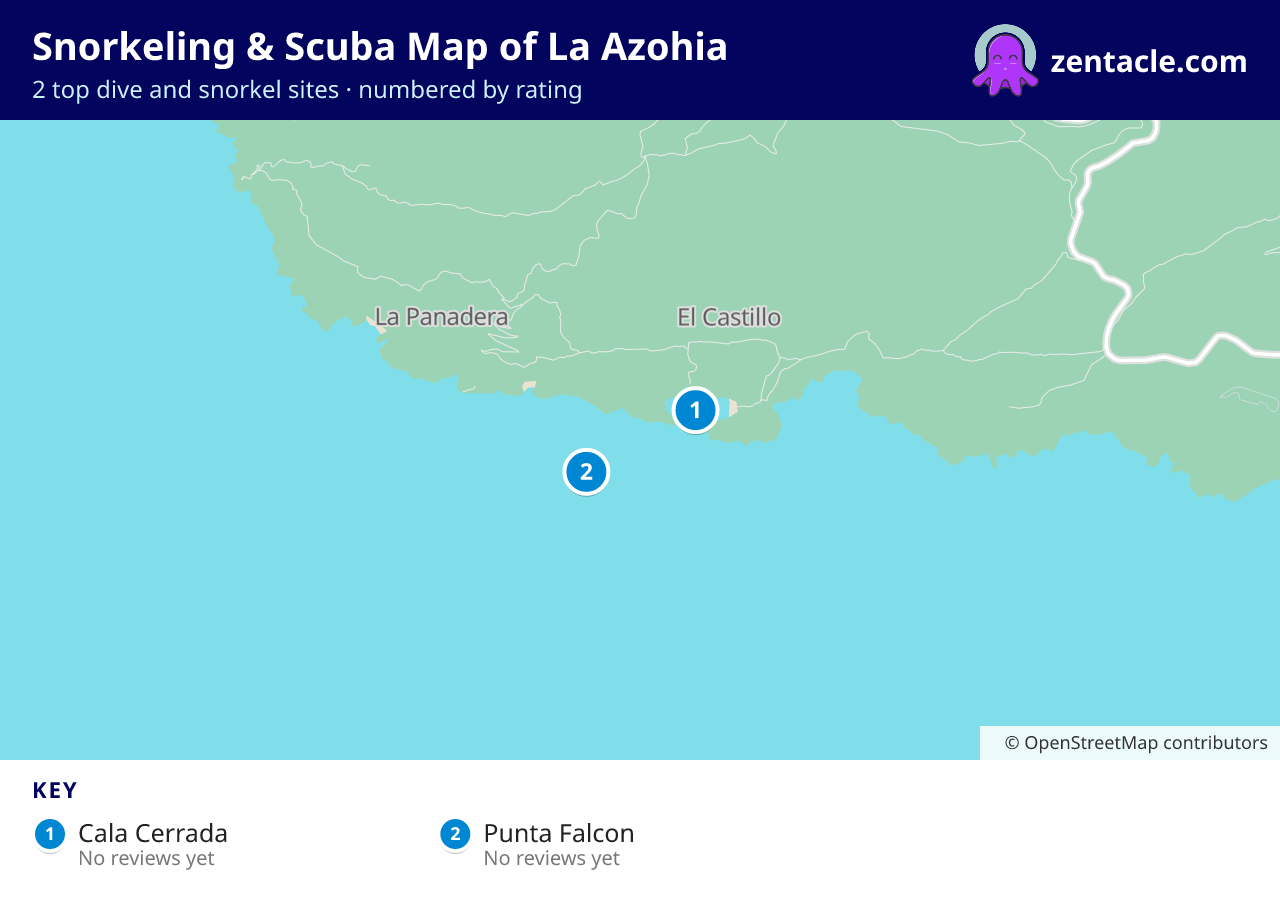 Snorkeling & Scuba Map of La Azohia: numbered map of the top 2 dive and snorkel sites, with ratings