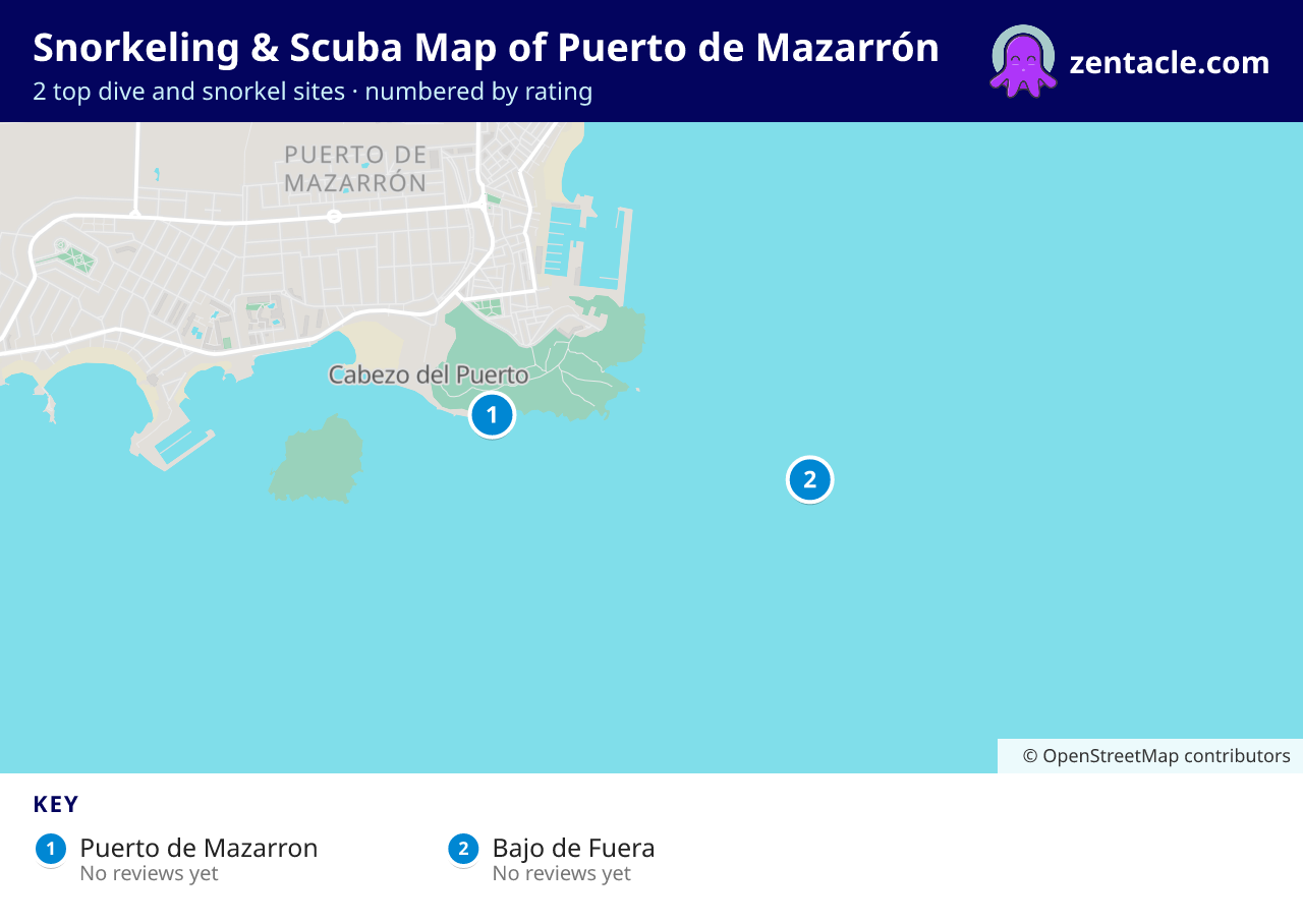 Snorkeling & Scuba Map of Puerto de Mazarrón: numbered map of the top 2 dive and snorkel sites, with ratings