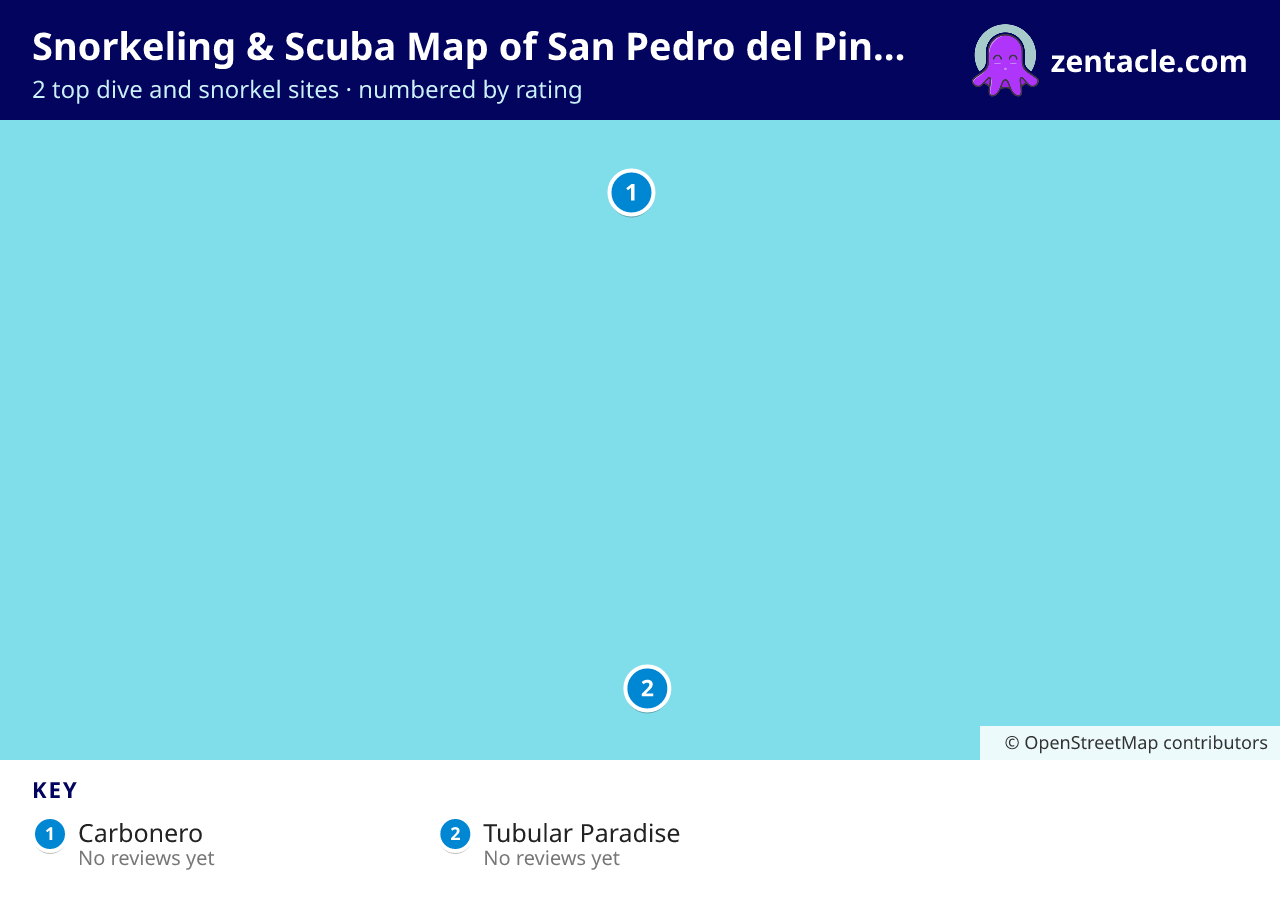 Snorkeling & Scuba Map of San Pedro del Pinatar: numbered map of the top 2 dive and snorkel sites, with ratings