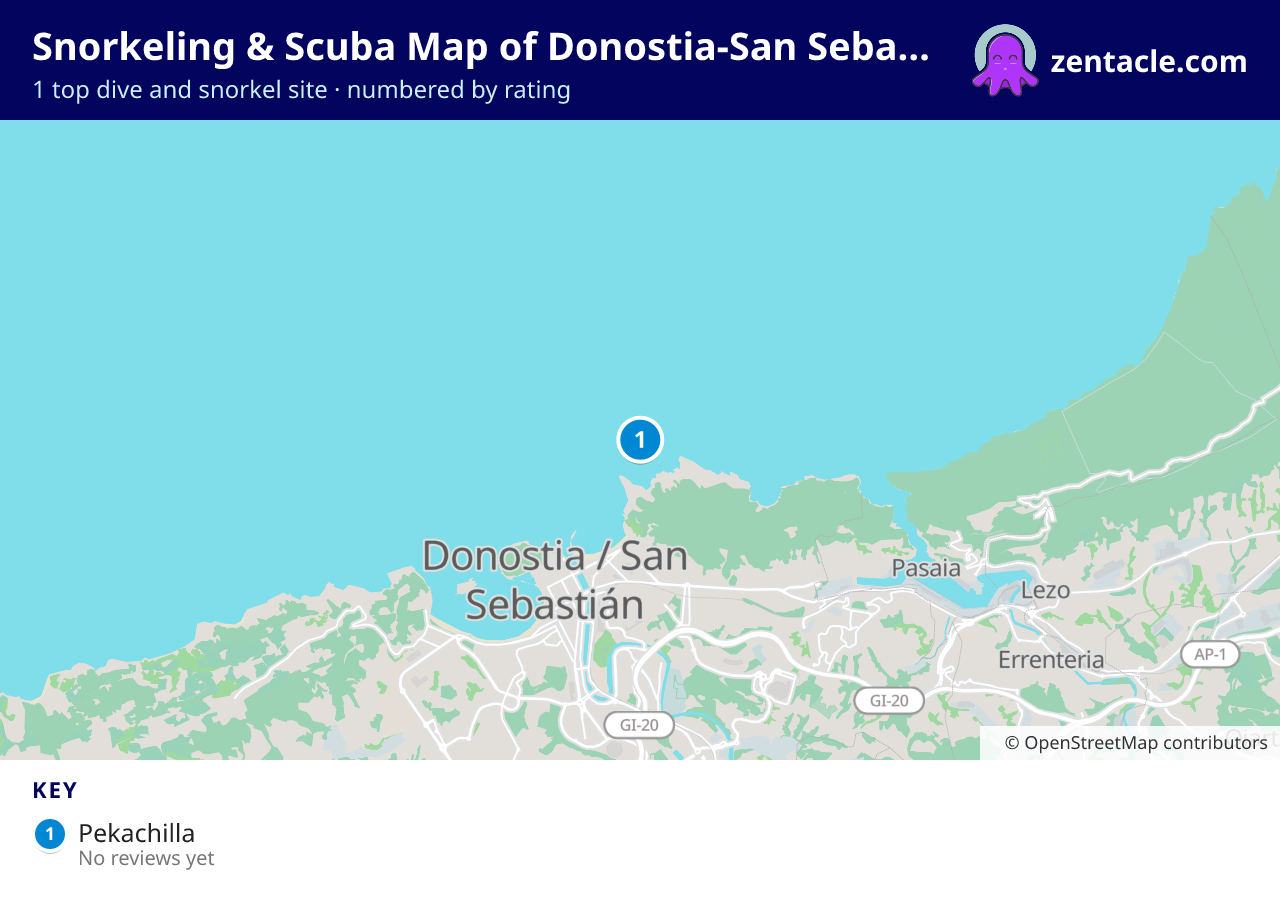 Snorkeling & Scuba Map of Donostia-San Sebastian: numbered map of the top 1 dive and snorkel sites, with ratings