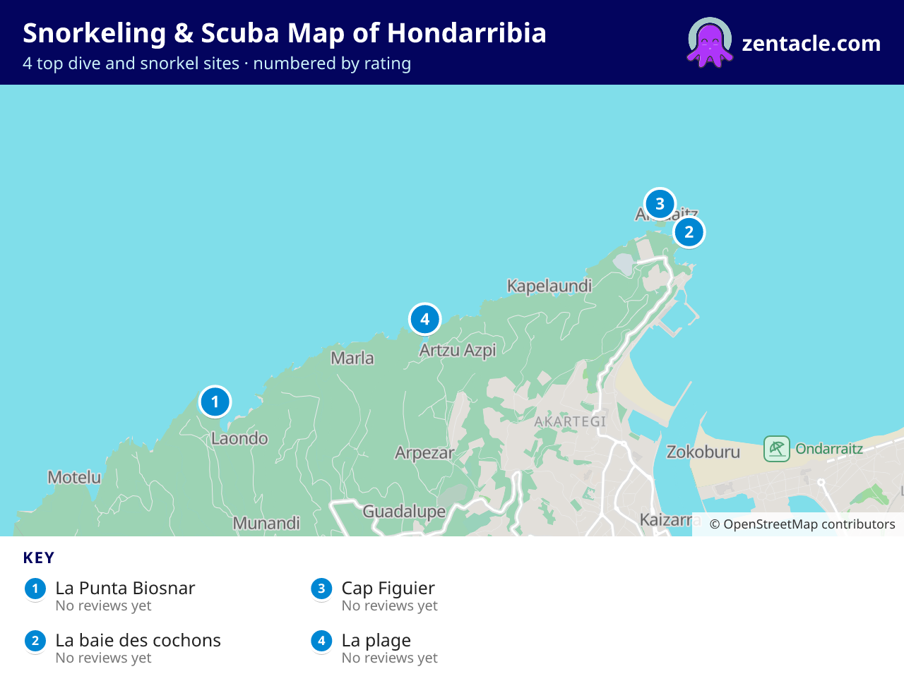 Snorkeling & Scuba Map of Hondarribia: numbered map of the top 4 dive and snorkel sites, with ratings