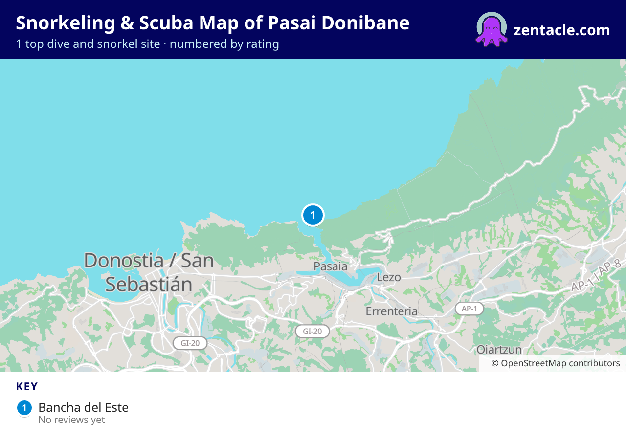 Snorkeling & Scuba Map of Pasai Donibane: numbered map of the top 1 dive and snorkel sites, with ratings