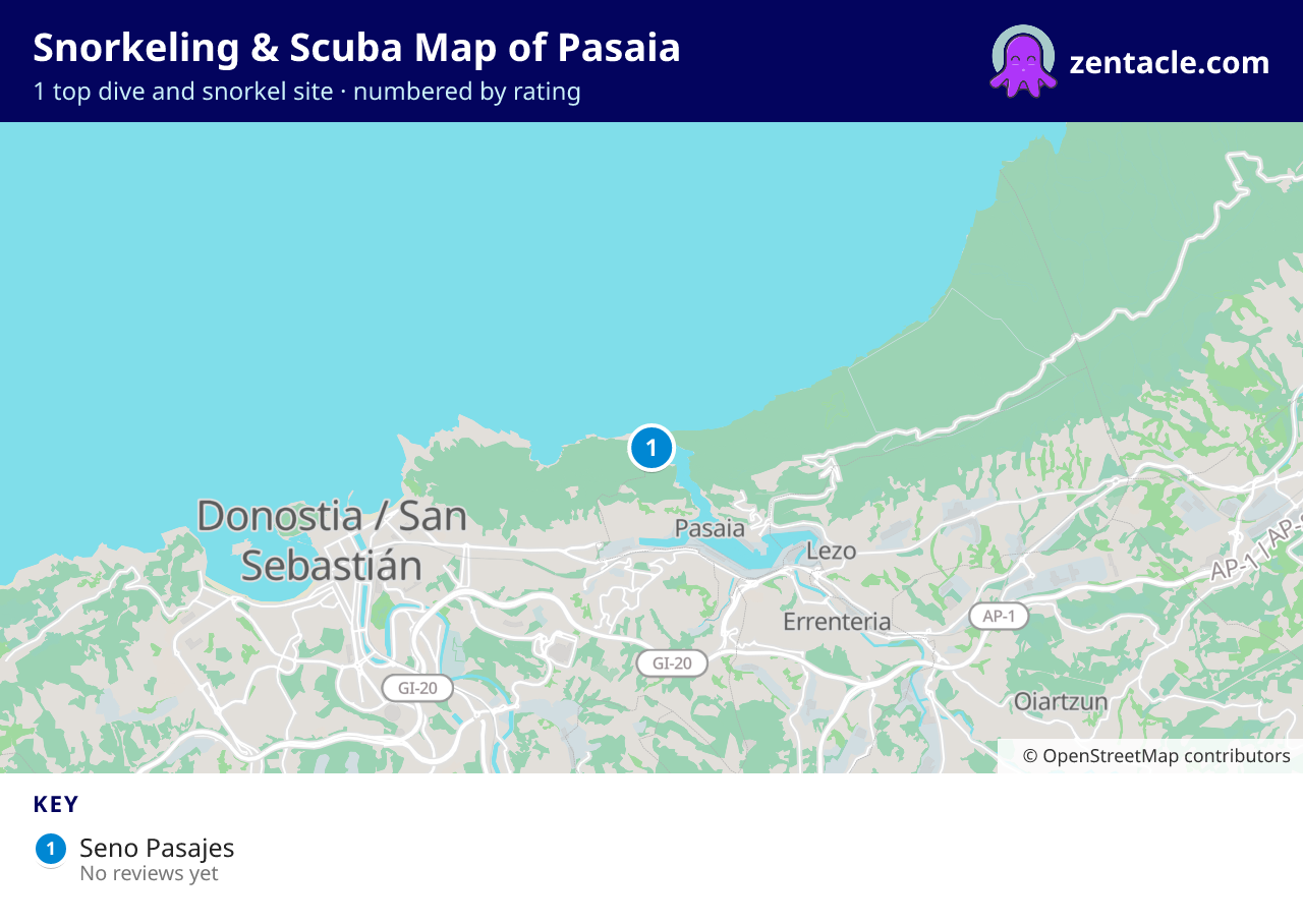 Snorkeling & Scuba Map of Pasaia: numbered map of the top 1 dive and snorkel sites, with ratings