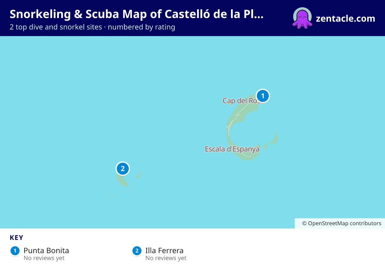 Snorkeling & Scuba Map of Castelló de la Plana: numbered map of the top 2 dive and snorkel sites, with ratings