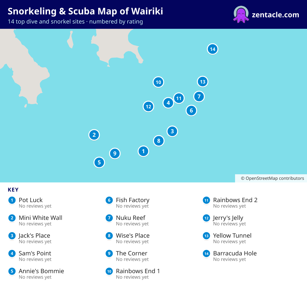Snorkeling & Scuba Map of Wairiki: numbered map of the top 14 dive and snorkel sites, with ratings