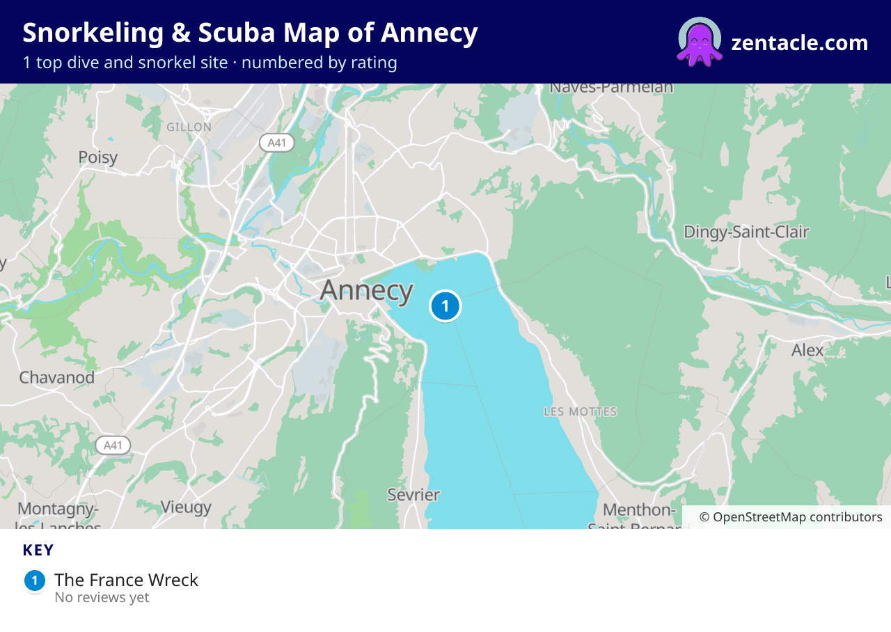 Snorkeling & Scuba Map of Annecy: numbered map of the top 1 dive and snorkel sites, with ratings