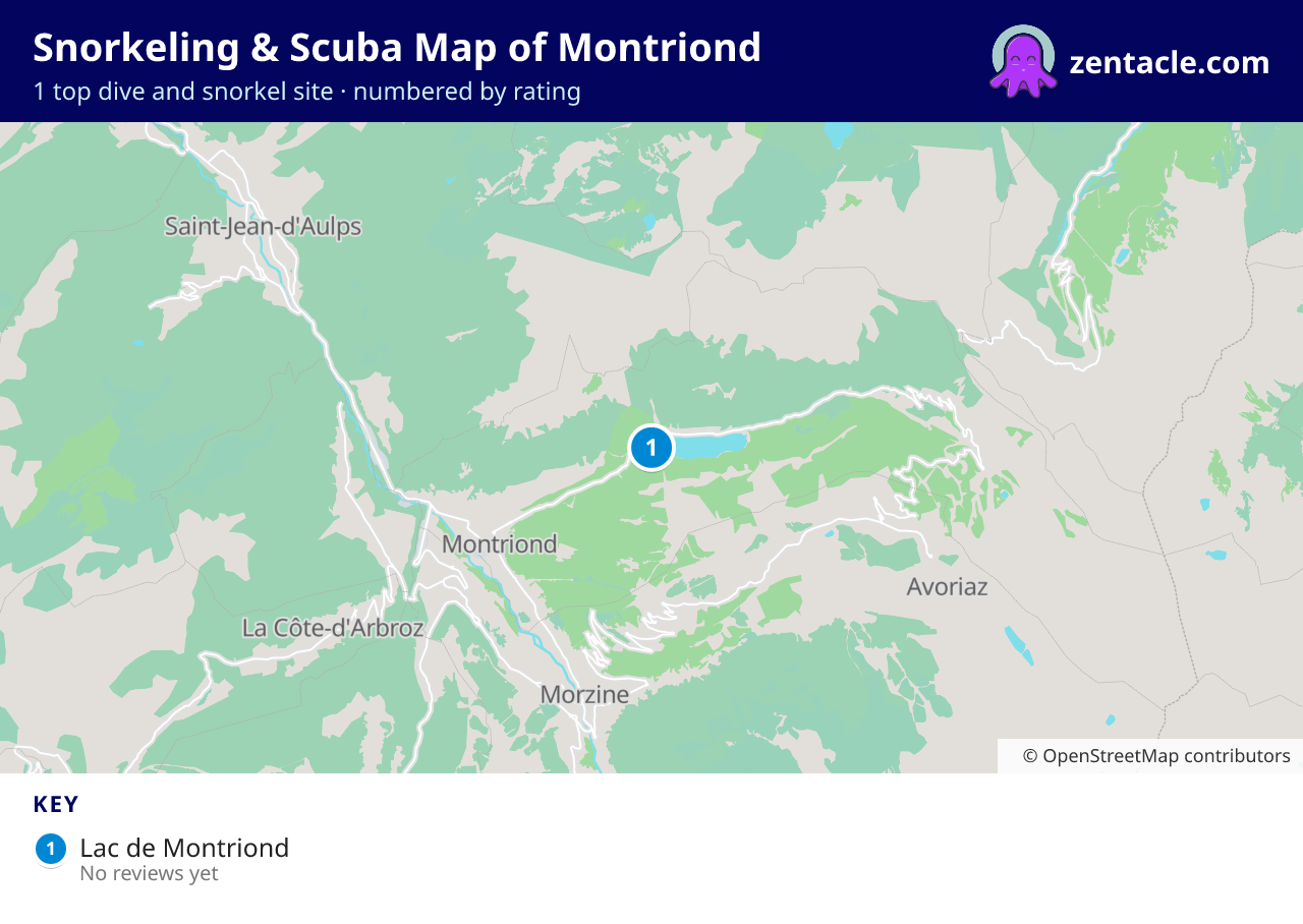 Snorkeling & Scuba Map of Montriond: numbered map of the top 1 dive and snorkel sites, with ratings