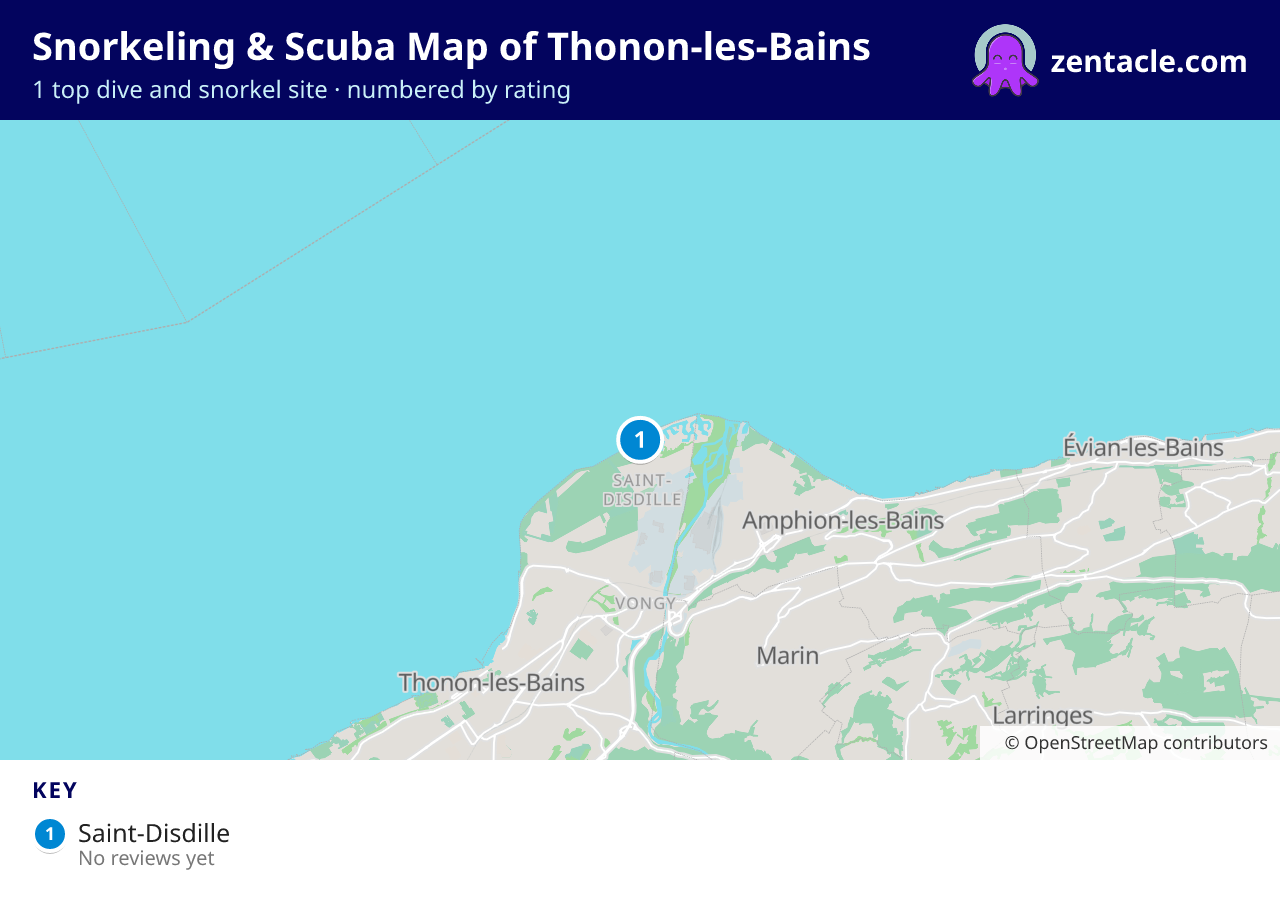 Snorkeling & Scuba Map of Thonon-les-Bains: numbered map of the top 1 dive and snorkel sites, with ratings