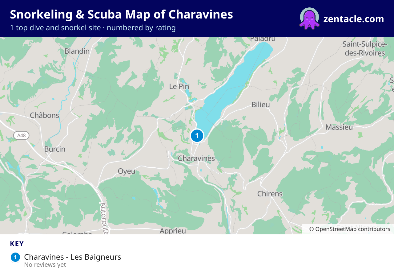 Snorkeling & Scuba Map of Charavines: numbered map of the top 1 dive and snorkel sites, with ratings