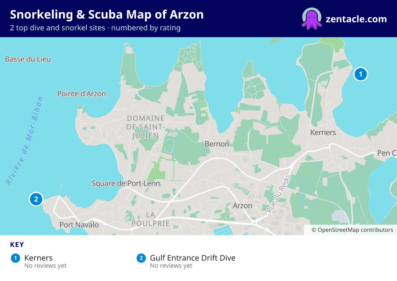 Snorkeling & Scuba Map of Arzon: numbered map of the top 2 dive and snorkel sites, with ratings
