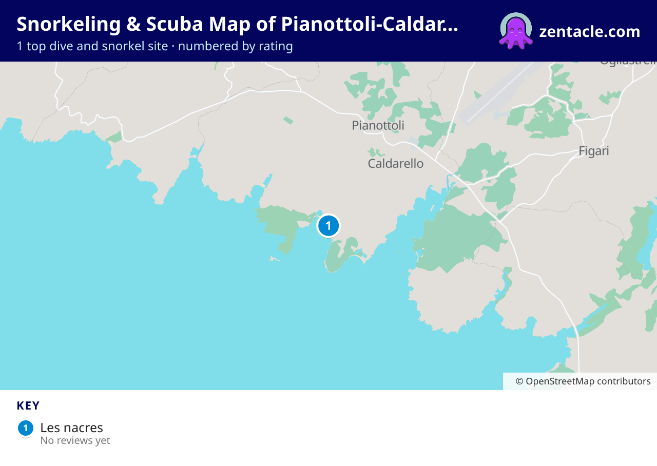 Snorkeling & Scuba Map of Pianottoli-Caldarello: numbered map of the top 1 dive and snorkel sites, with ratings