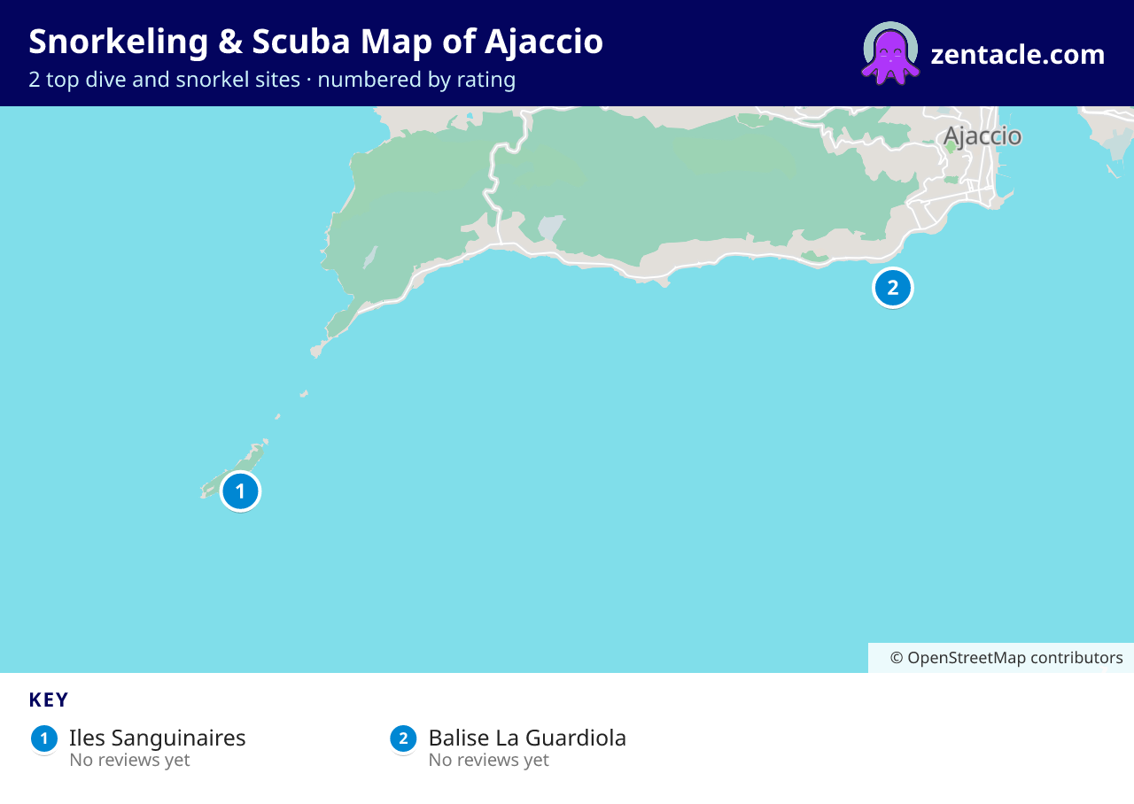 Snorkeling & Scuba Map of Ajaccio: numbered map of the top 2 dive and snorkel sites, with ratings