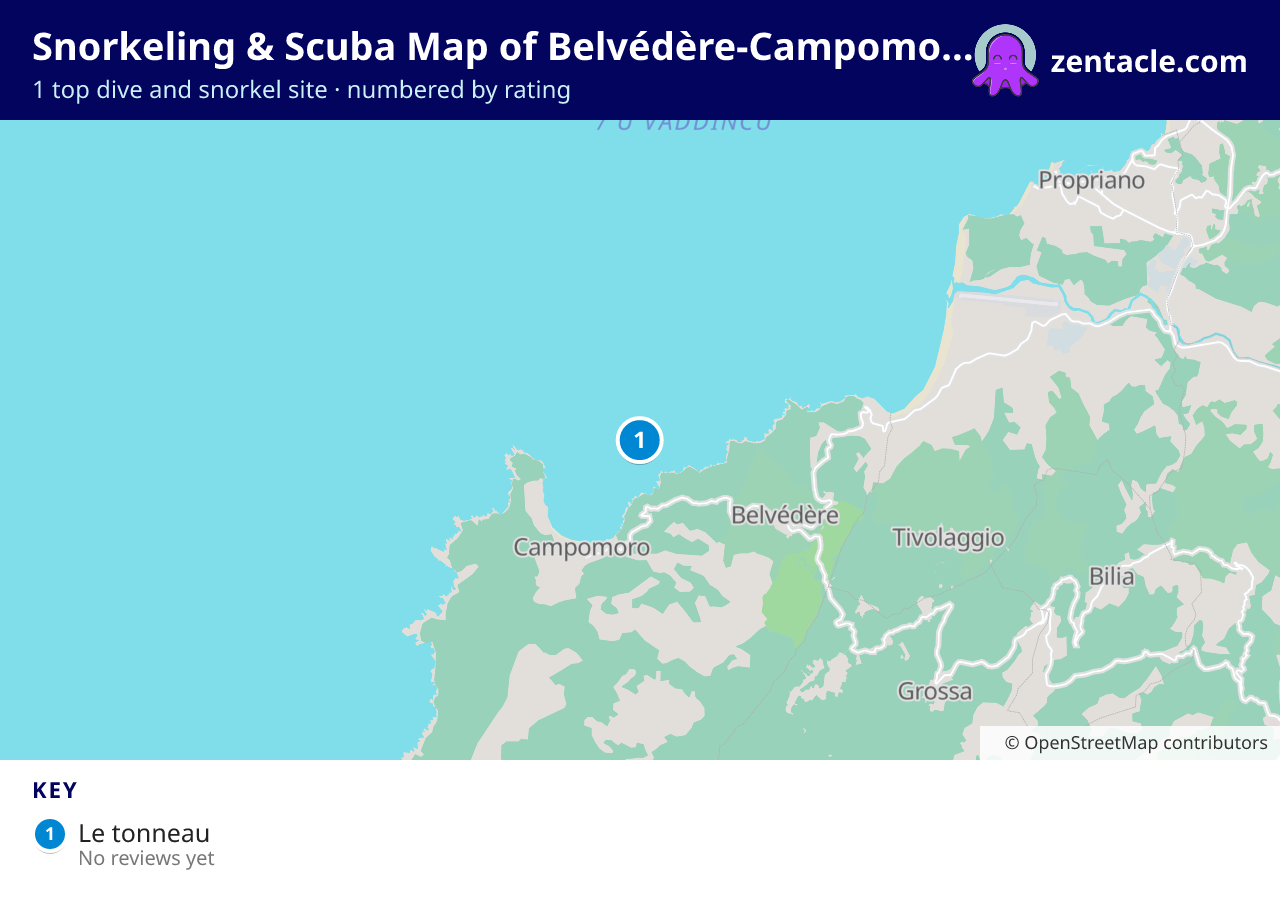 Snorkeling & Scuba Map of Belvédère-Campomoro: numbered map of the top 1 dive and snorkel sites, with ratings