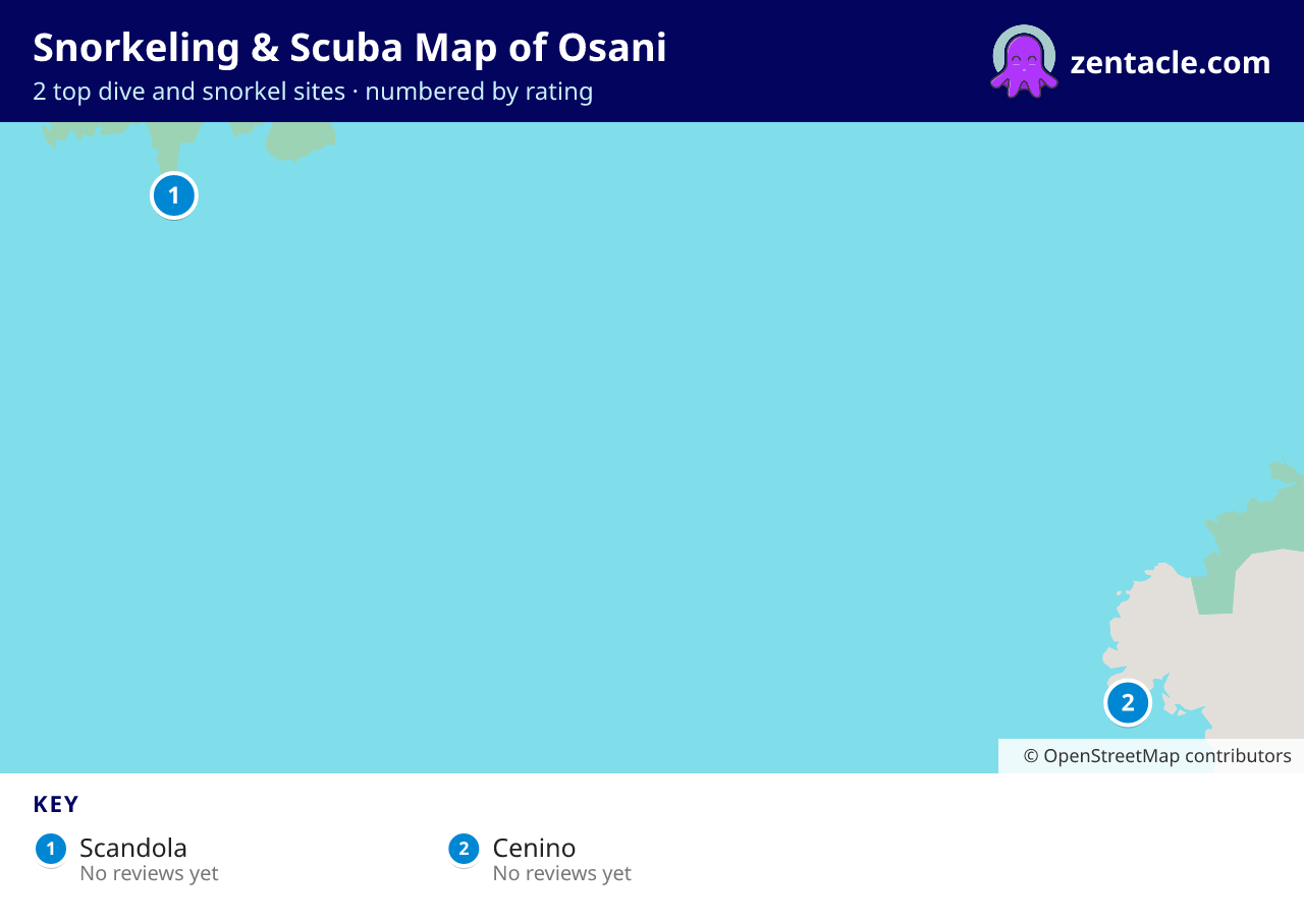 Snorkeling & Scuba Map of Osani: numbered map of the top 2 dive and snorkel sites, with ratings