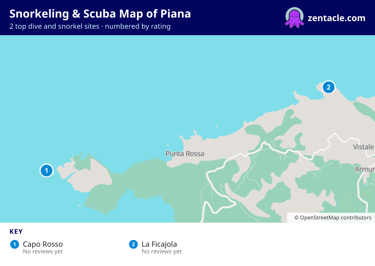 Snorkeling & Scuba Map of Piana: numbered map of the top 2 dive and snorkel sites, with ratings