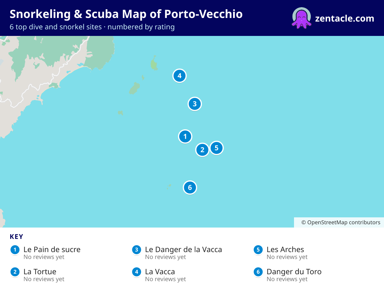 Snorkeling & Scuba Map of Porto-Vecchio: numbered map of the top 6 dive and snorkel sites, with ratings