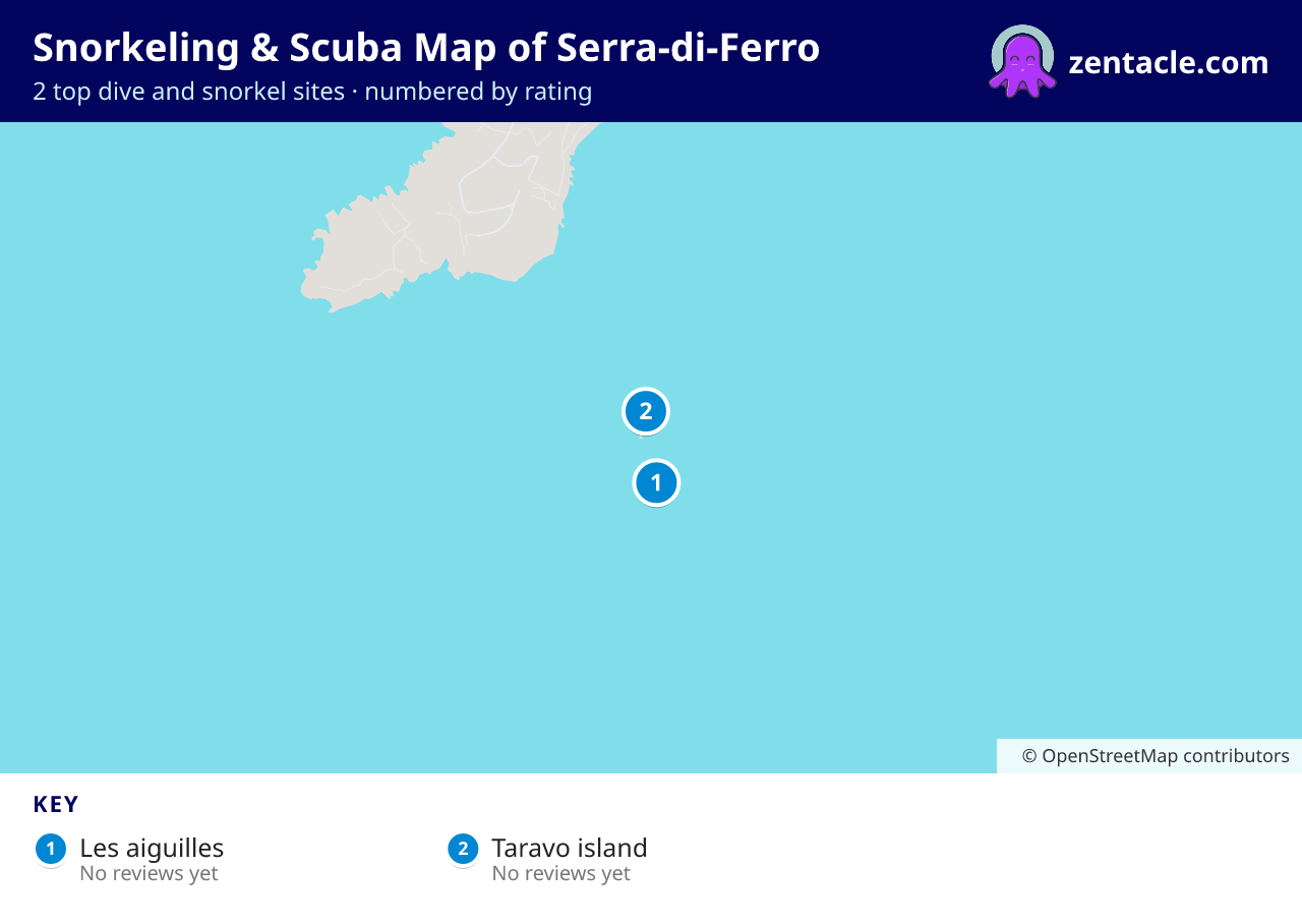 Snorkeling & Scuba Map of Serra-di-Ferro: numbered map of the top 2 dive and snorkel sites, with ratings