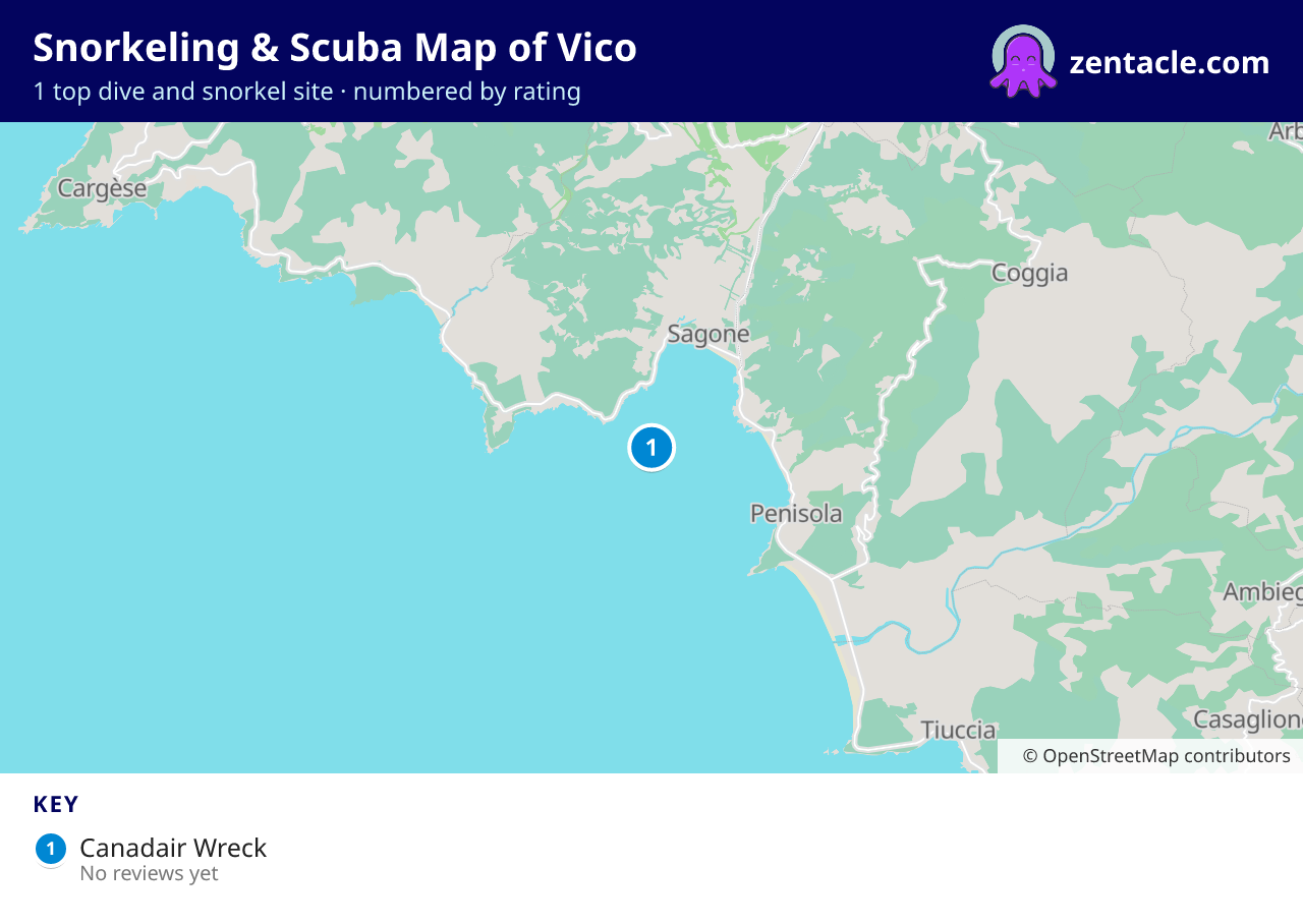 Snorkeling & Scuba Map of Vico: numbered map of the top 1 dive and snorkel sites, with ratings