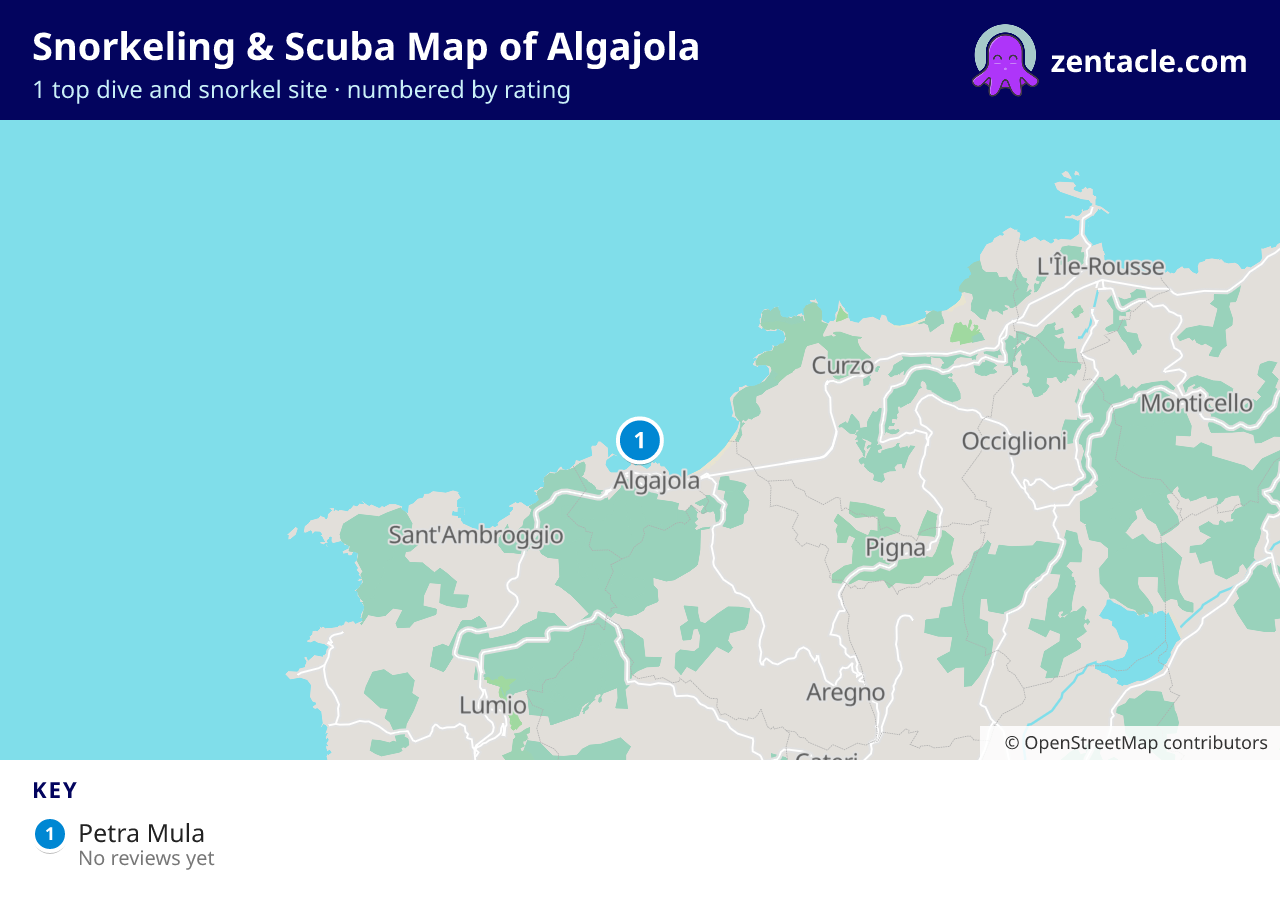 Snorkeling & Scuba Map of Algajola: numbered map of the top 1 dive and snorkel sites, with ratings