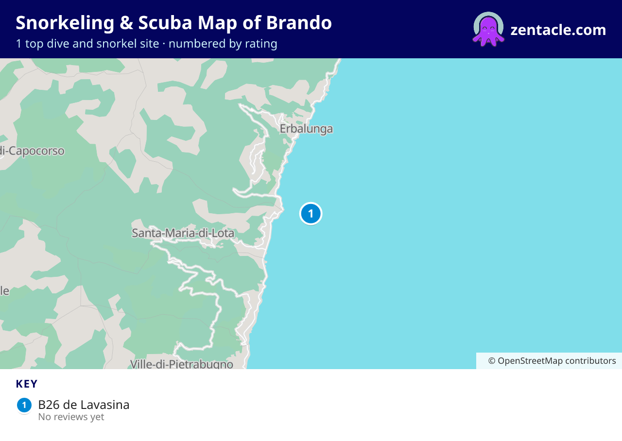 Snorkeling & Scuba Map of Brando: numbered map of the top 1 dive and snorkel sites, with ratings