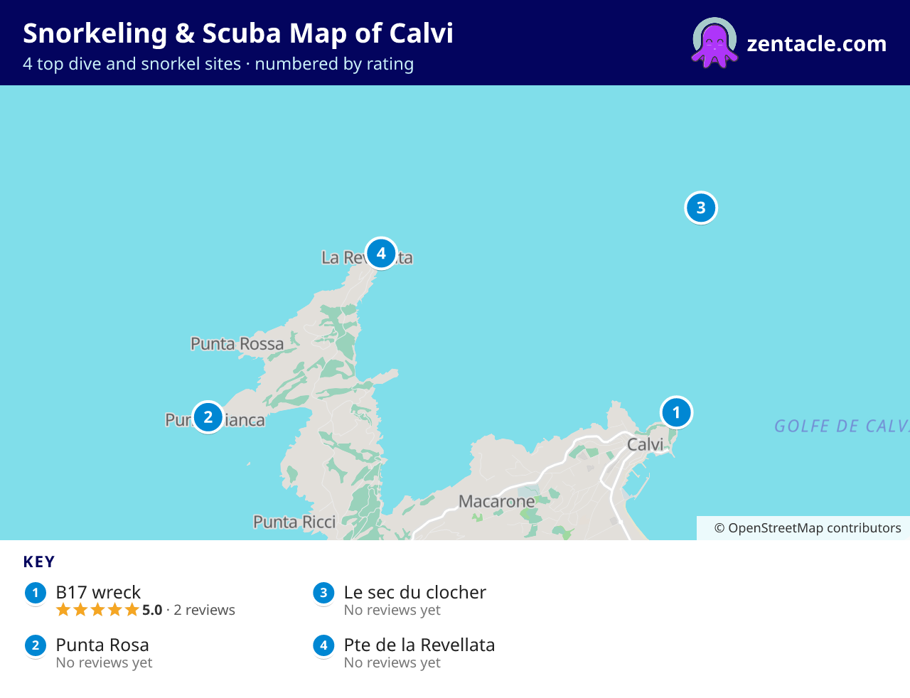 Snorkeling & Scuba Map of Calvi: numbered map of the top 4 dive and snorkel sites, with ratings