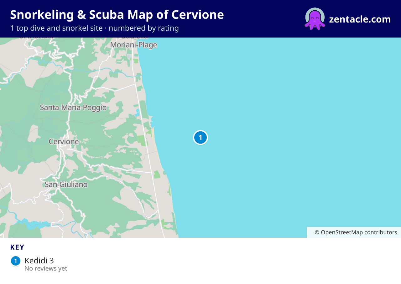 Snorkeling & Scuba Map of Cervione: numbered map of the top 1 dive and snorkel sites, with ratings