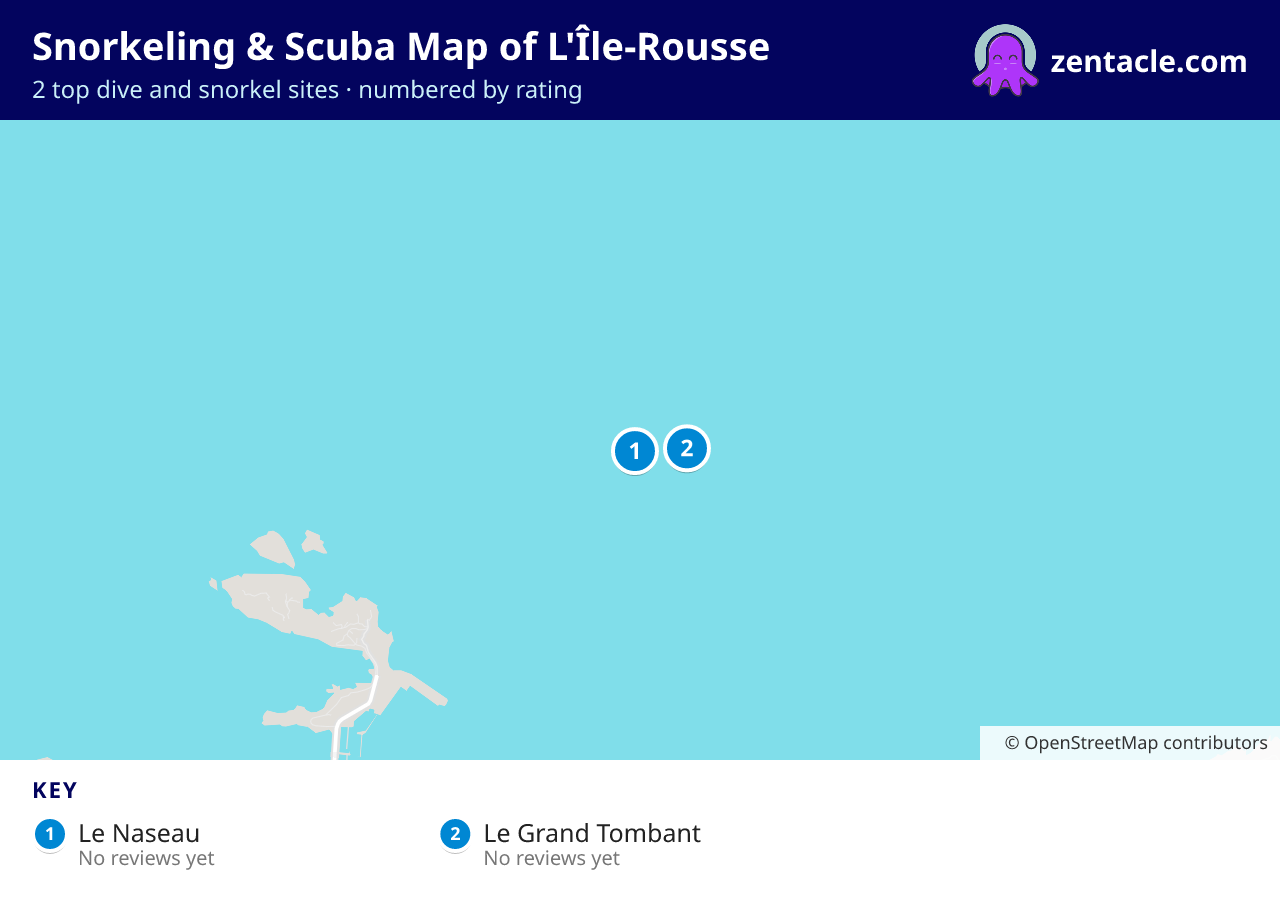 Snorkeling & Scuba Map of L'Île-Rousse: numbered map of the top 2 dive and snorkel sites, with ratings