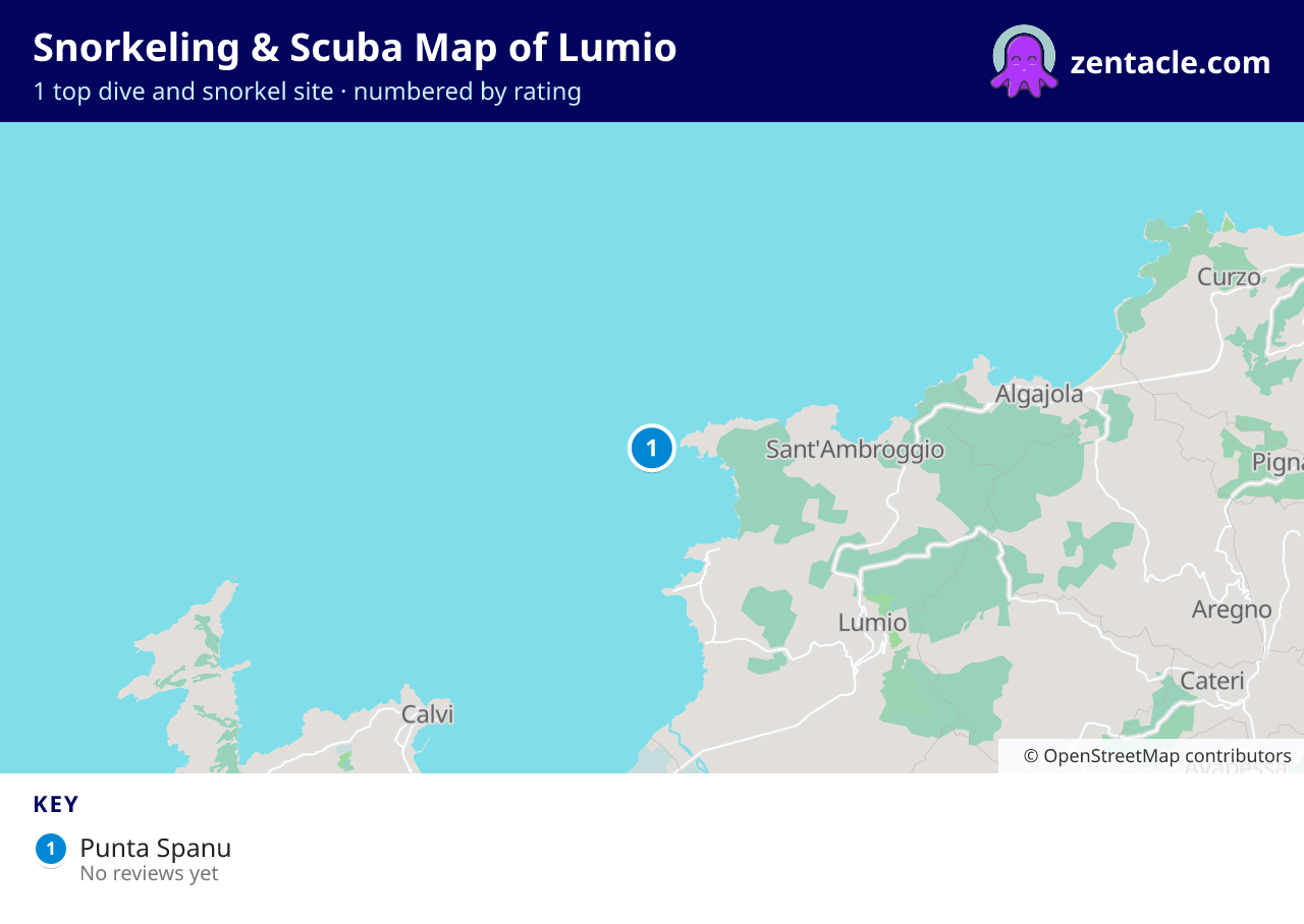 Snorkeling & Scuba Map of Lumio: numbered map of the top 1 dive and snorkel sites, with ratings