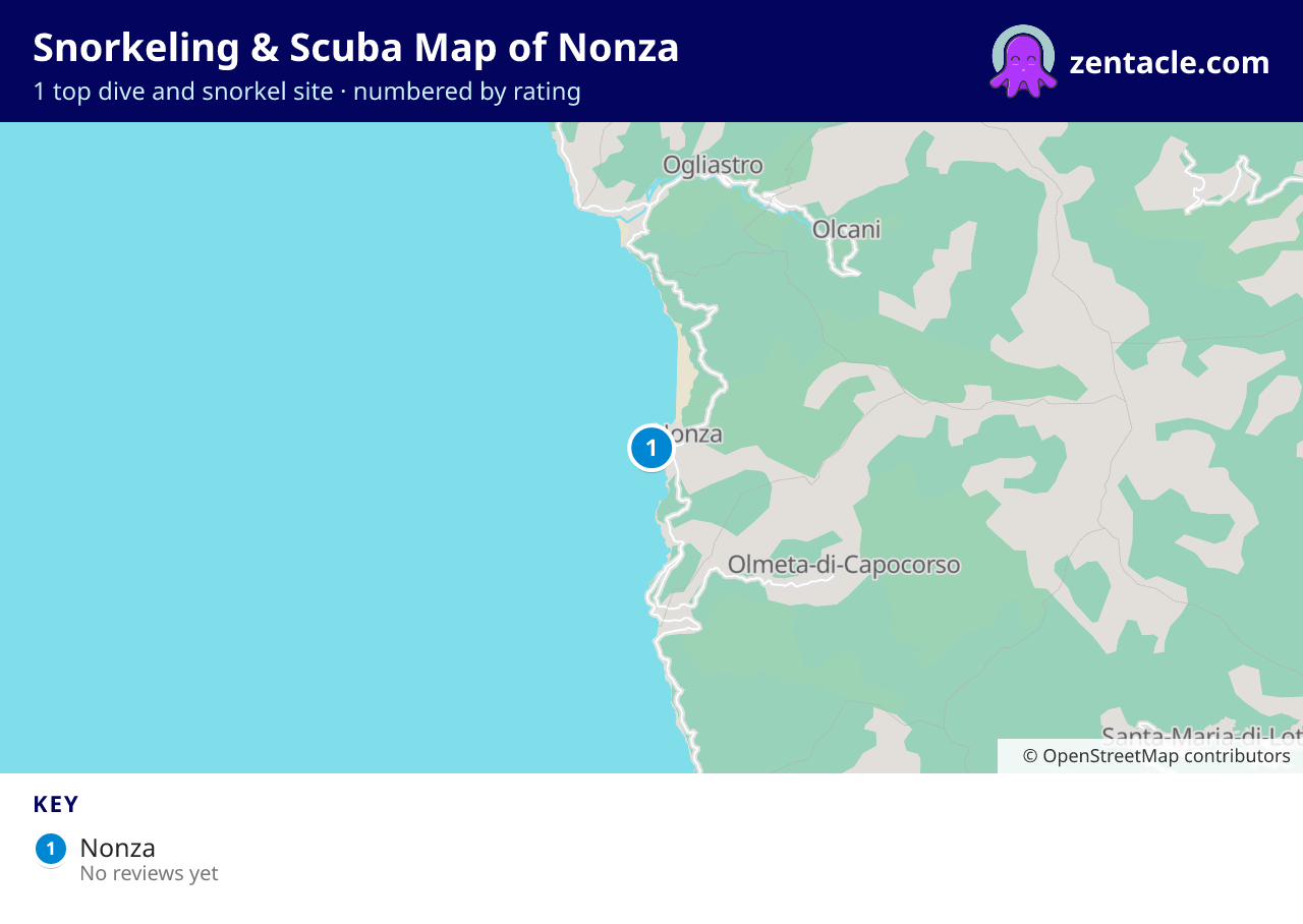 Snorkeling & Scuba Map of Nonza: numbered map of the top 1 dive and snorkel sites, with ratings