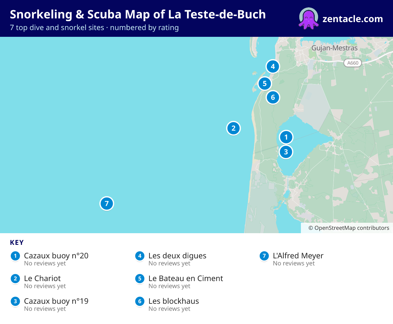 Snorkeling & Scuba Map of La Teste-de-Buch: numbered map of the top 7 dive and snorkel sites, with ratings