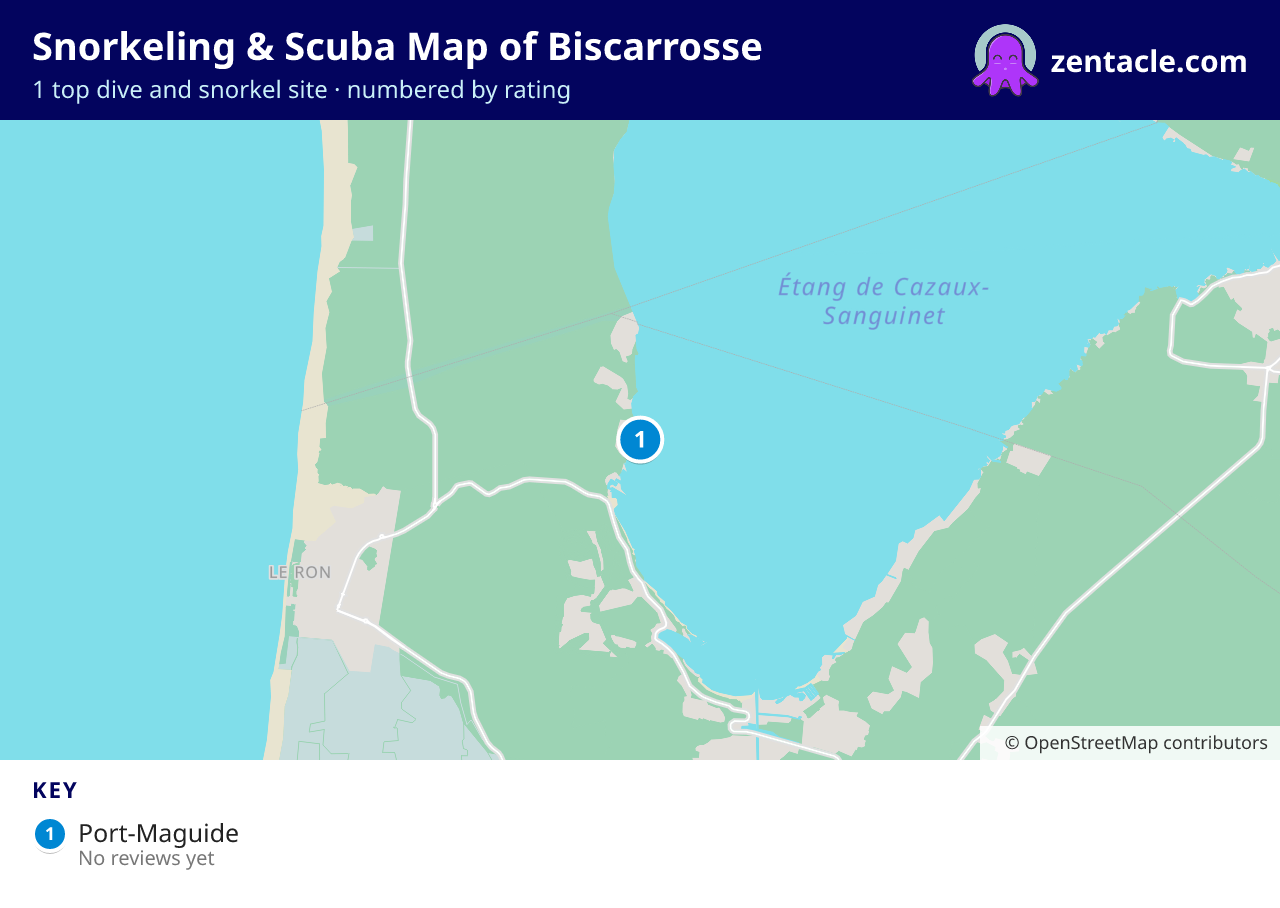 Snorkeling & Scuba Map of Biscarrosse: numbered map of the top 1 dive and snorkel sites, with ratings