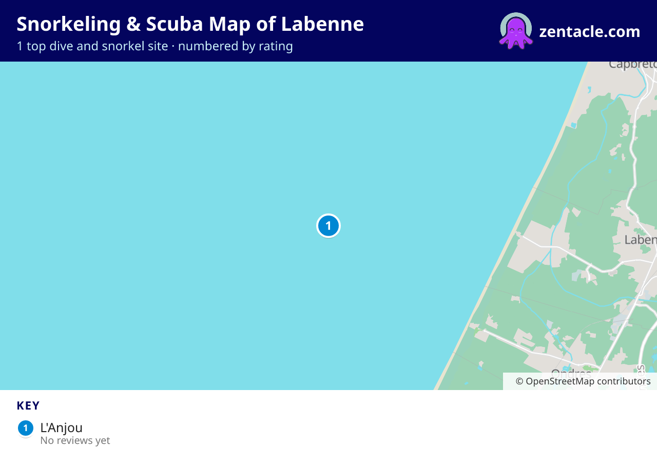 Snorkeling & Scuba Map of Labenne: numbered map of the top 1 dive and snorkel sites, with ratings