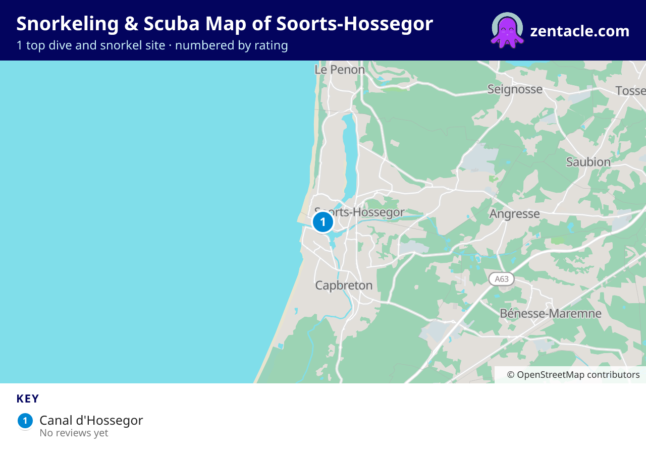 Snorkeling & Scuba Map of Soorts-Hossegor: numbered map of the top 1 dive and snorkel sites, with ratings