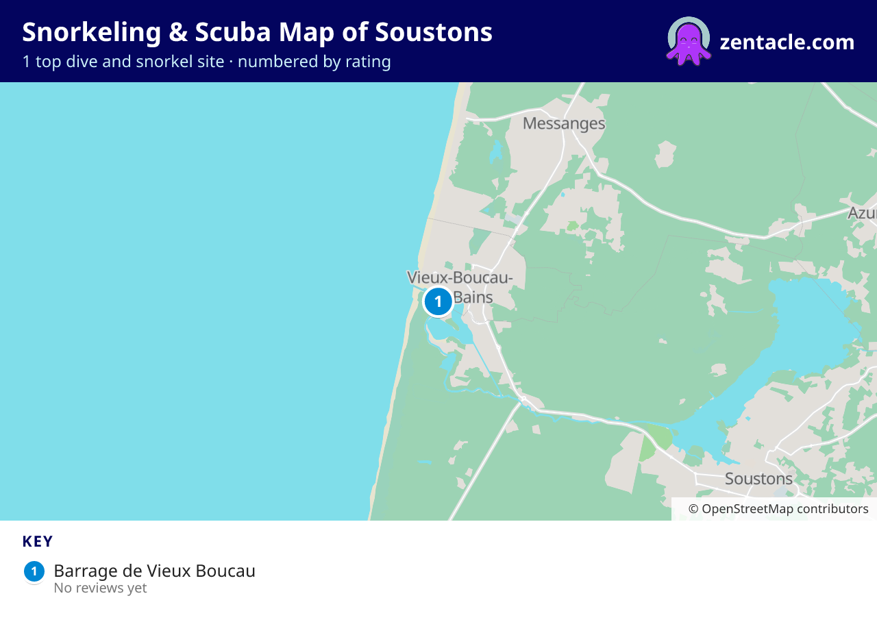 Snorkeling & Scuba Map of Soustons: numbered map of the top 1 dive and snorkel sites, with ratings