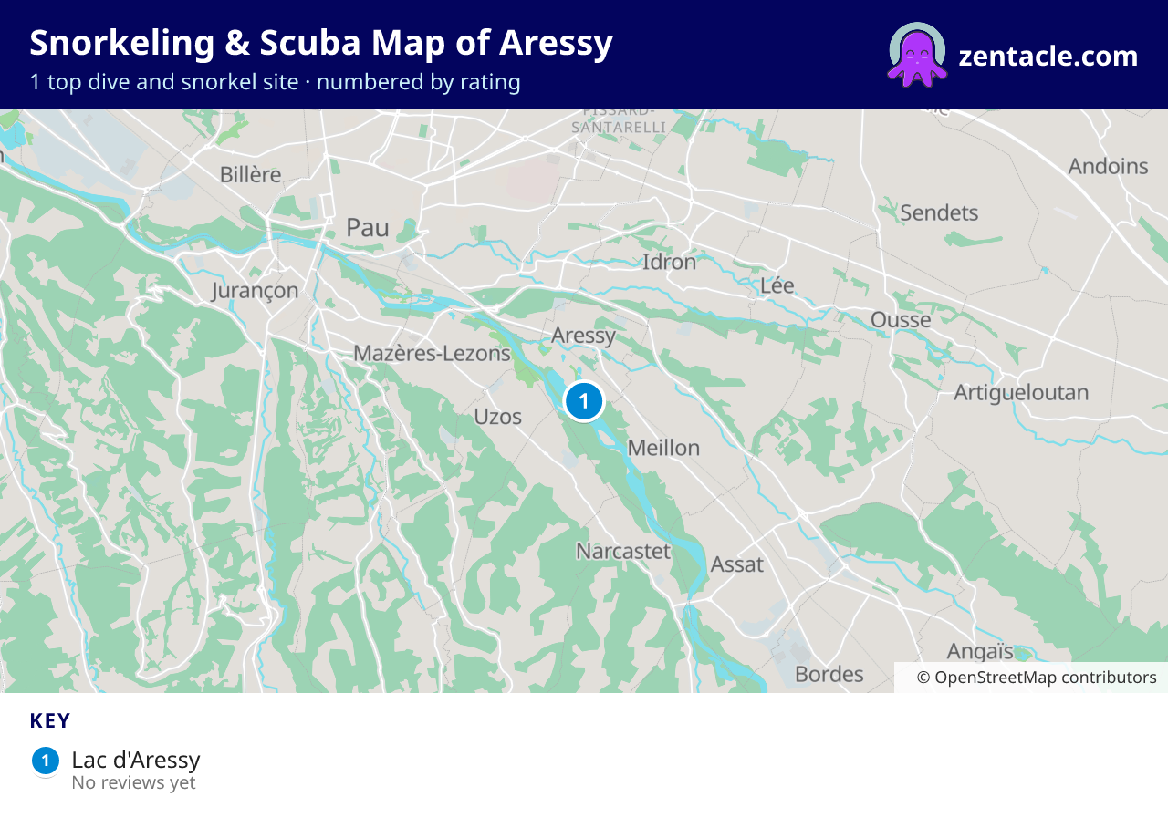 Snorkeling & Scuba Map of Aressy: numbered map of the top 1 dive and snorkel sites, with ratings