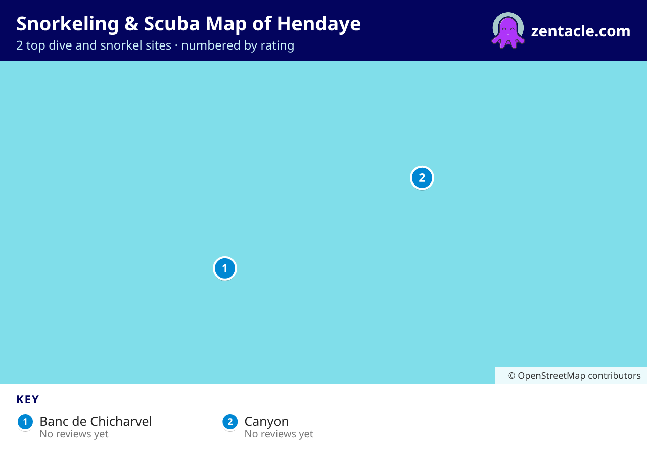 Snorkeling & Scuba Map of Hendaye: numbered map of the top 2 dive and snorkel sites, with ratings