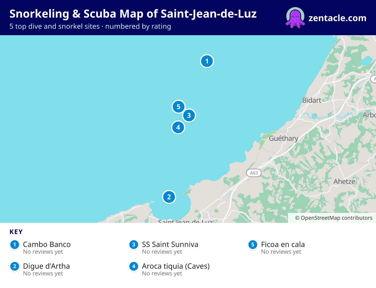 Snorkeling & Scuba Map of Saint-Jean-de-Luz: numbered map of the top 5 dive and snorkel sites, with ratings